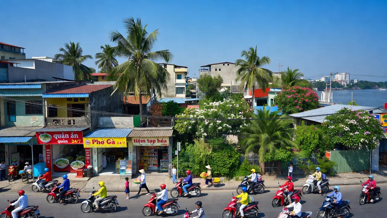 Cảnh Phường 8, Quận Tân Bình, Thành phố Hồ Chí Minh với đường phố sôi động và cây xanh.