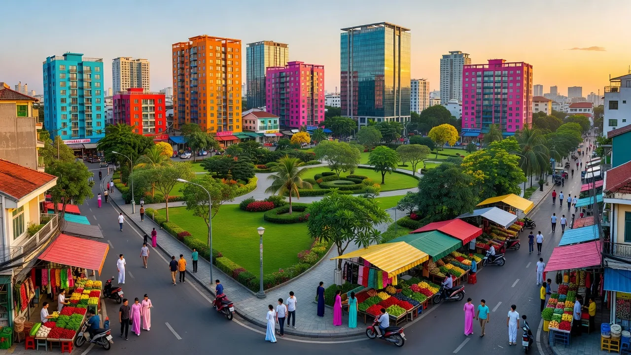 Cảnh quan Quận Tân Phú, Thành phố Hồ Chí Minh với không gian sống hiện đại và các khu phố nhộn nhịp.