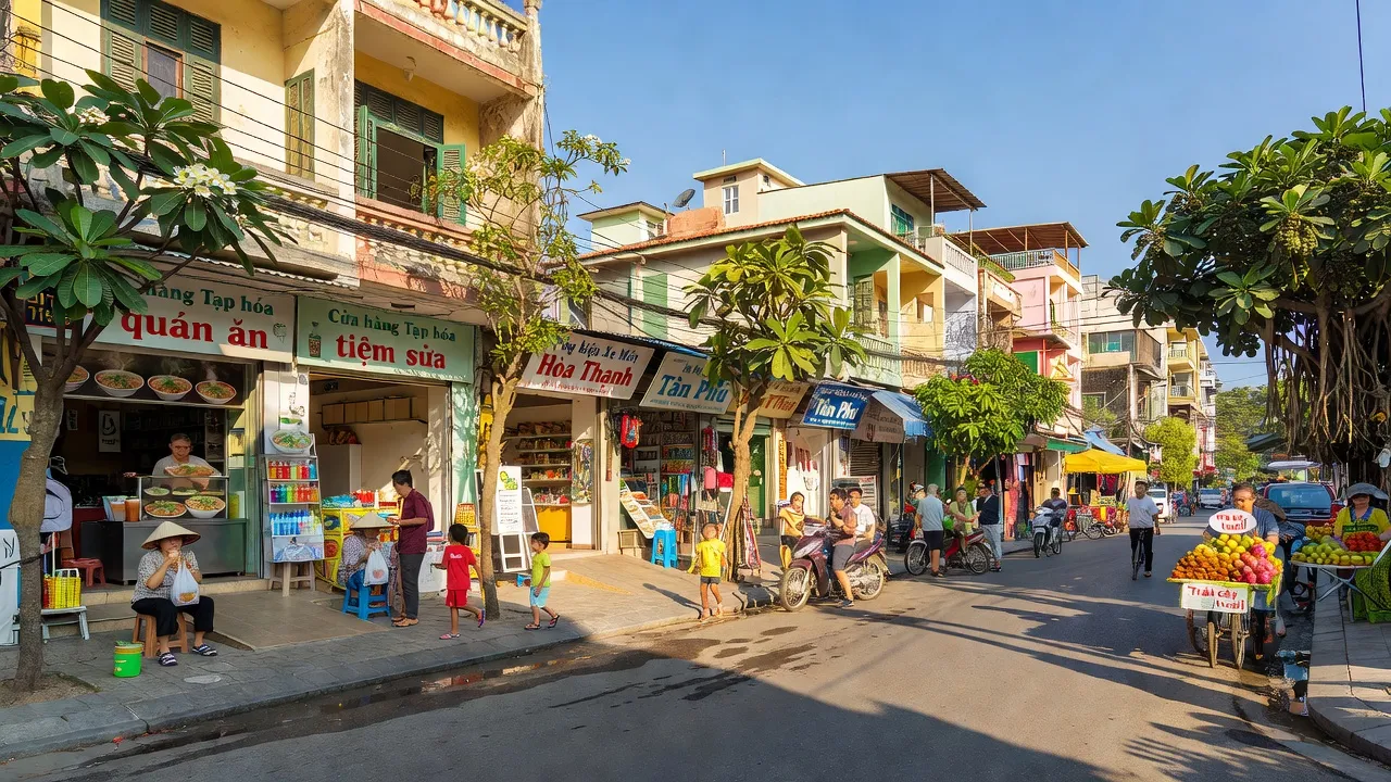 Cảnh phố Phường Hòa Thạnh, Quận Tân Phú, trong Thành phố Hồ Chí Minh, với cuộc sống địa phương và thời tiết đẹp.