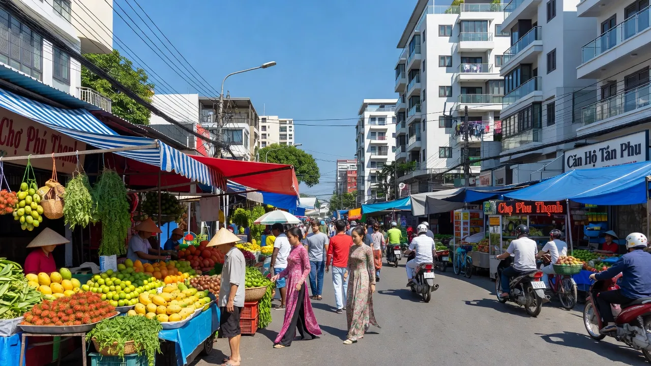 Phường Phú Thạnh, Quận Tân Phú, Thành phố Hồ Chí Minh, nhộn nhịp với người đi bộ và chợ địa phương.