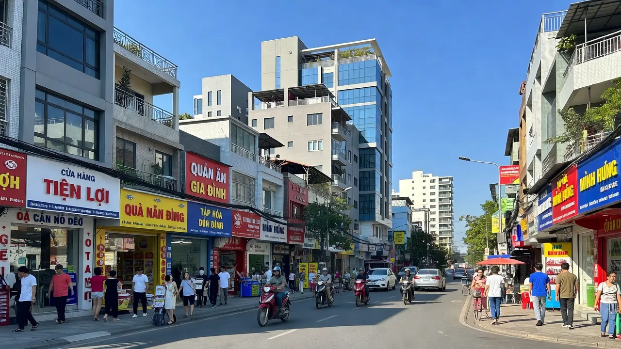 Khung cảnh phố phường Phú Trung, Tân Phú với nhà cửa, cửa hàng và bầu trời xanh.