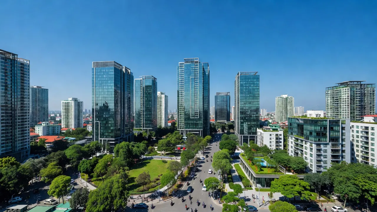 Khung cảnh hiện đại tại Phường Sơn Kỳ, Quận Tân Phú, Thành phố Hồ Chí Minh, với kiến trúc đô thị và cây xanh.