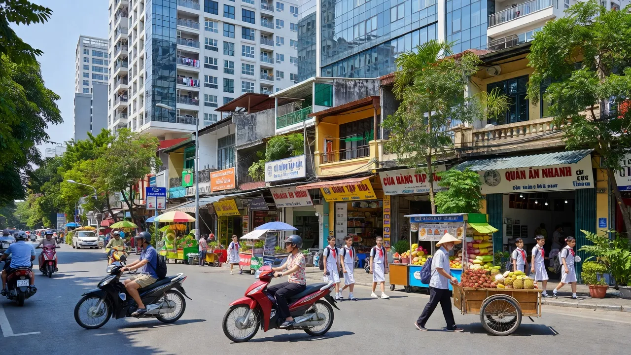 Khung cảnh nhộn nhịp tại Phường Tây Thạnh, Quận Tân Phú, Thành phố Hồ Chí Minh, với người dân và cửa hàng.