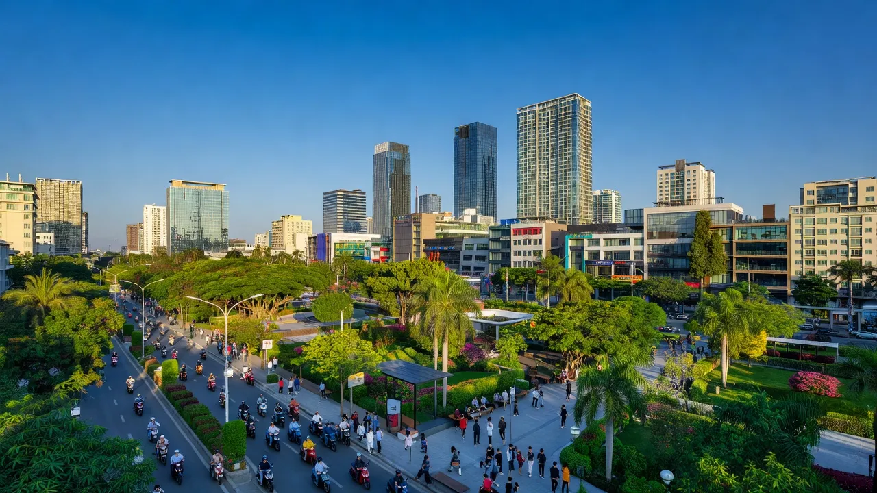 Khung cảnh Thành phố Thủ Đức, Hồ Chí Minh với kiến trúc hiện đại và không gian xanh, phát triển đô thị.