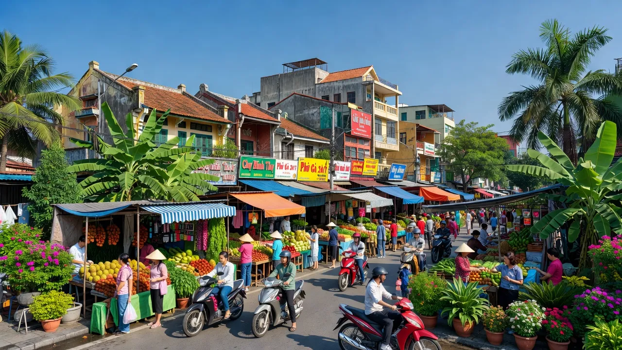 Khung cảnh sôi động tại Phường Bình Thọ, Thủ Đức với kiến trúc địa phương và chợ truyền thống.