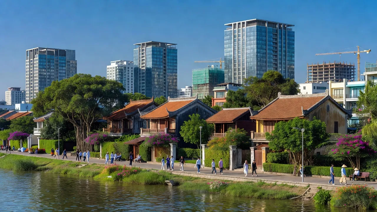 Khung cảnh Phường Cát Lái, Thủ Đức với sông Đồng Nai và đời sống hiện đại, Việt Nam.