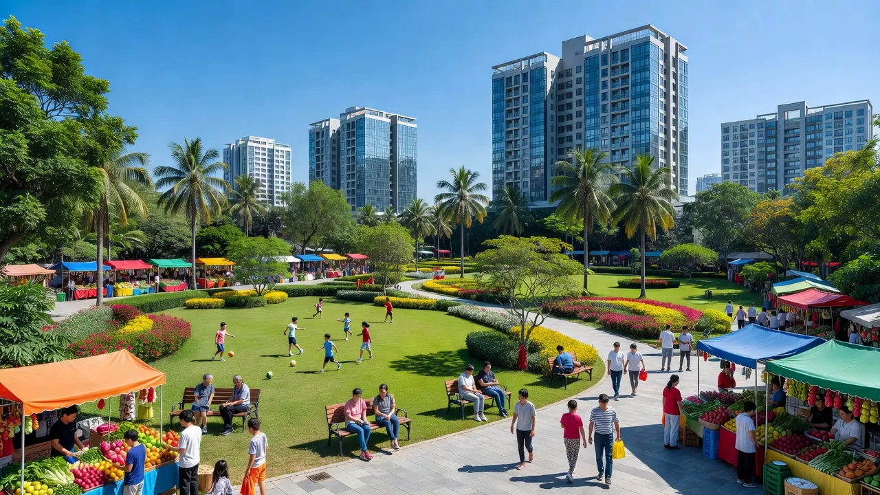 Cảnh cộng đồng ở Hiệp Bình Phước, Thủ Đức, với công viên xanh và thị trường địa phương.
