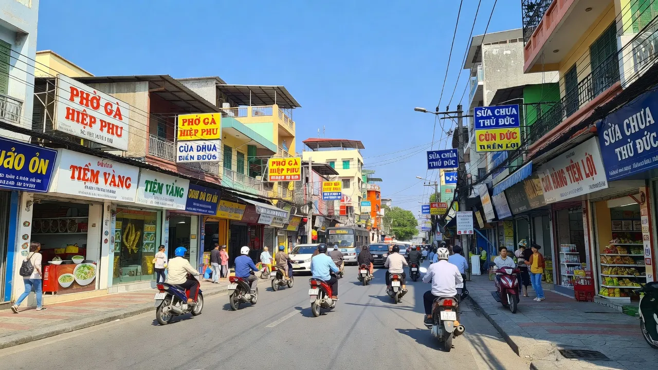 Phường Hiệp Phú, Thành phố Thủ Đức, Ho Chi Minh City, bustling local street with shops and traffic.