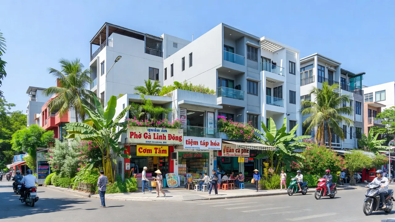 Khung cảnh đường phố Phường Linh Đông, Thủ Đức, Thành phố Hồ Chí Minh, với cuộc sống năng động và cây xanh.