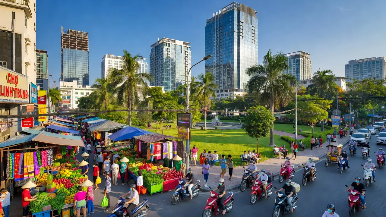 Cảnh sắc nhộn nhịp Phường Linh Trung, thành phố Thủ Đức, với nhà cửa hiện đại và không gian xanh.