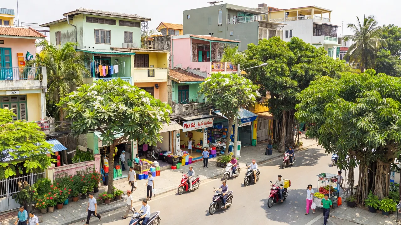 Cảnh sắc sôi động tại phường Linh Xuân, thành phố Thủ Đức, Hồ Chí Minh với khu phố và cửa hàng.