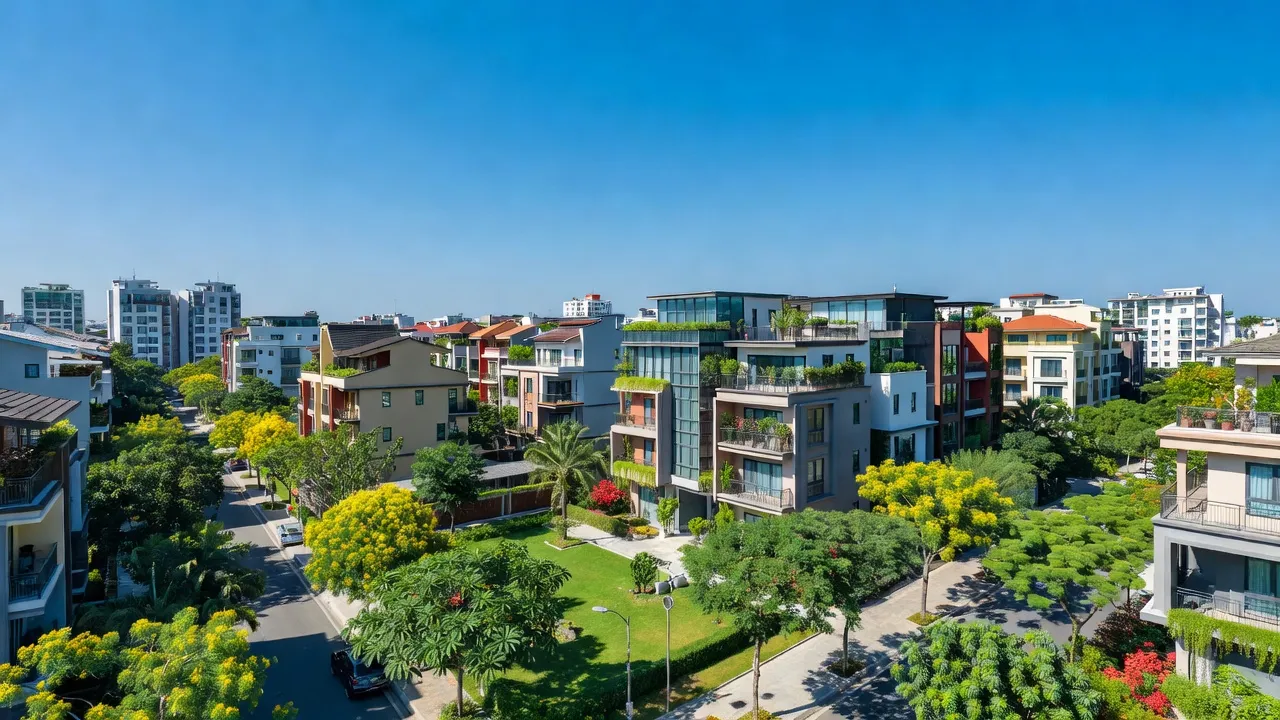 Khu dân cư hiện đại Long Thạnh Mỹ, Thủ Đức, Hồ Chí Minh với cảnh quan xanh đẹp.