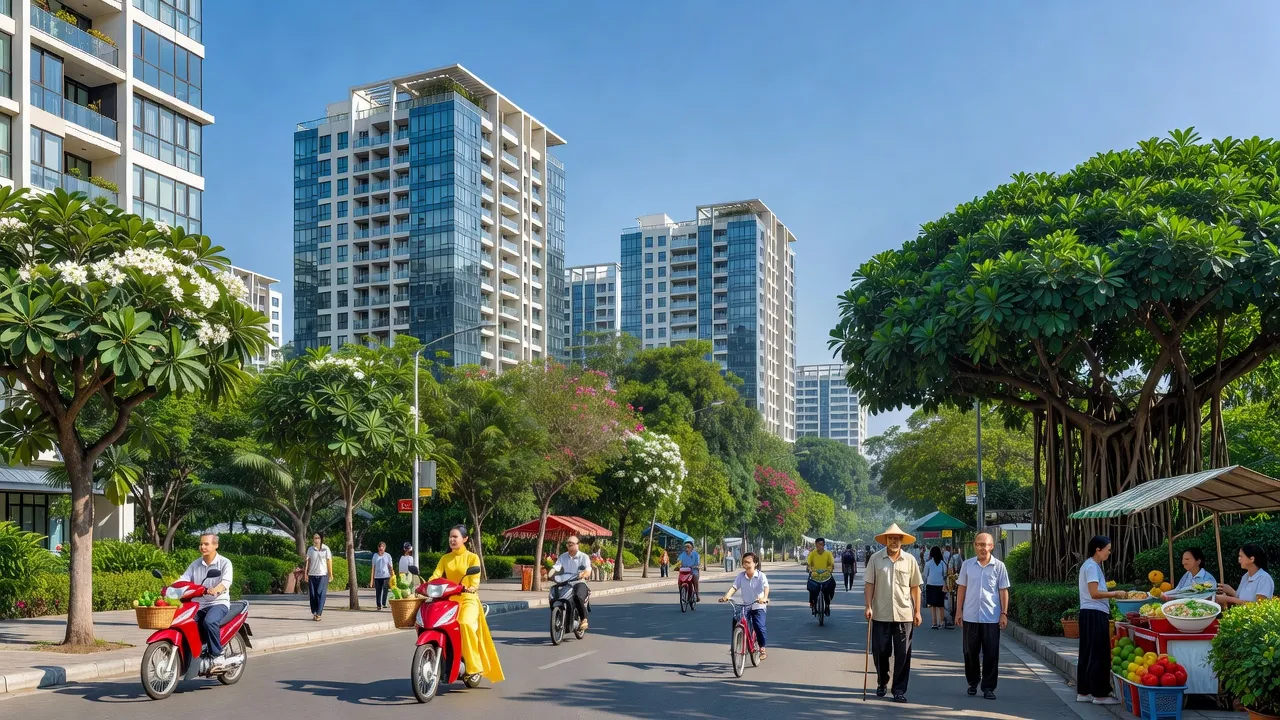 Phường Long Trường, Thủ Đức với cảnh sắc đô thị sống động và bầu trời trong xanh.