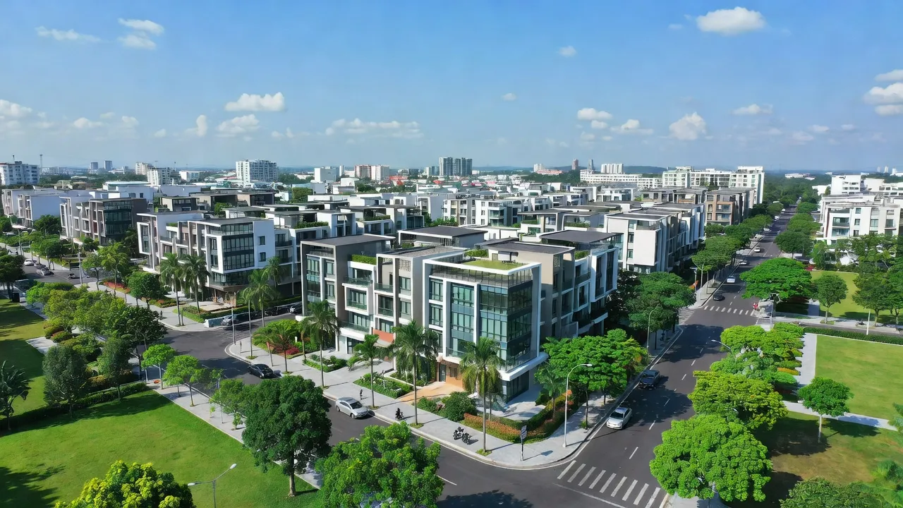 Khu dân cư Phú Hữu tại Thủ Đức, Hồ Chí Minh, hiện đại với cây xanh và bầu trời trong xanh.