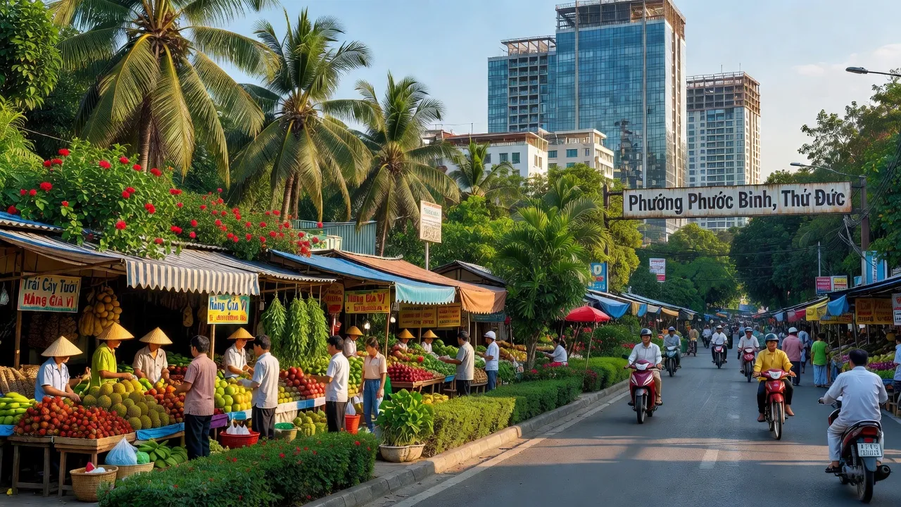 Cảnh quan nhộn nhịp tại Phường Phước Bình, Thành phố Thủ Đức với cuộc sống dân cư sôi động.