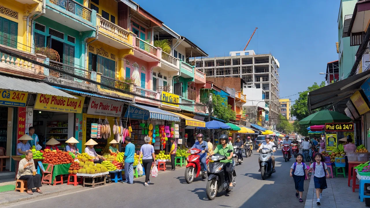 Cảnh quan đường phố sôi động tại Phường Phước Long A, Thành phố Thủ Đức, Hồ Chí Minh.