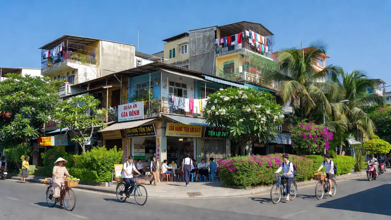 Cảnh sống động tại Phường Phước Long B, Thành phố Thủ Đức, với nhà ở và đường phố đông đúc.