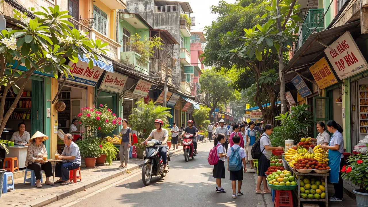 Khung cảnh nhộn nhịp ở Phường Phước Long B, Thành phố Thủ Đức, với cư dân và xanh tươi.