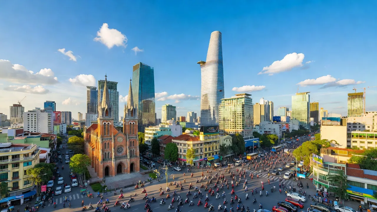 Thành phố Hồ Chí Minh năng động với các tòa nhà cao tầng và nhà thờ Đức Bà nổi bật.