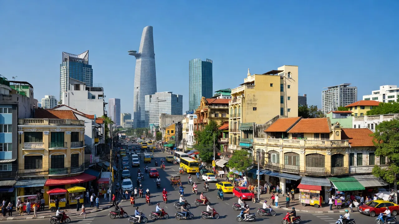 Thành phố Hồ Chí Minh với cảnh thành phố sôi động và biểu tượng như Bitexco, bầu trời trong xanh.