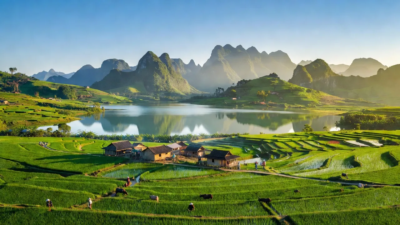 Cảnh quan huyện Cao Phong, tỉnh Hòa Bình với núi, hồ thủy điện và đồng cỏ xanh tươi.