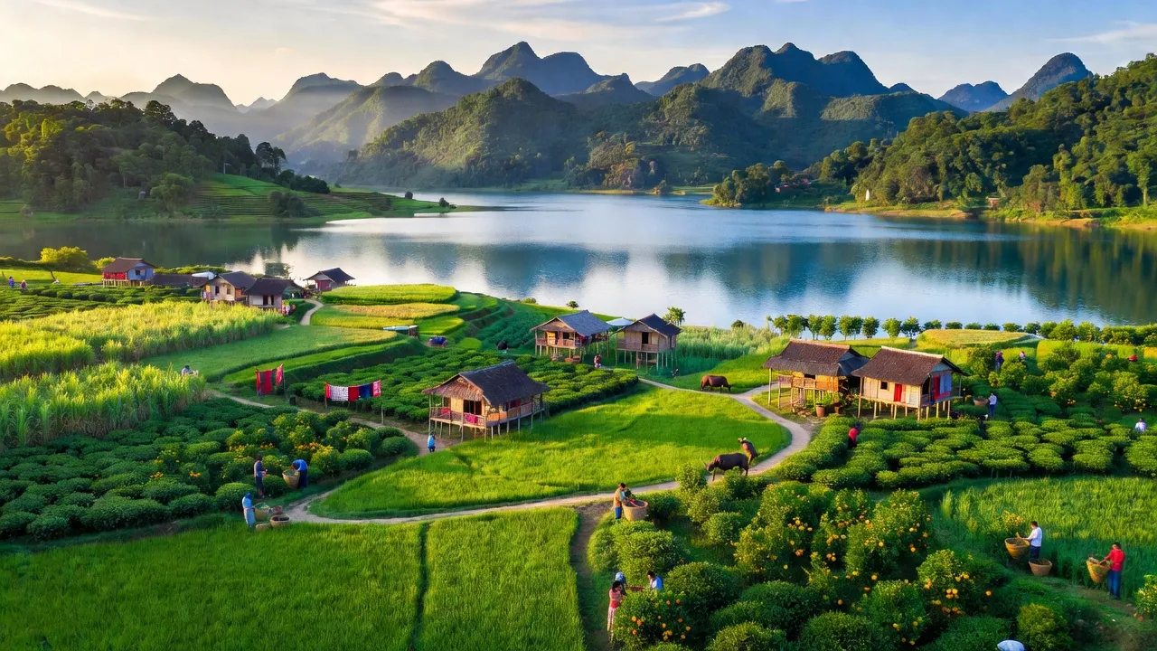 Cao Phong, Hòa Bình landscape with mountains, hydroelectric lakes, diverse terrain, and local agricultural activities.
