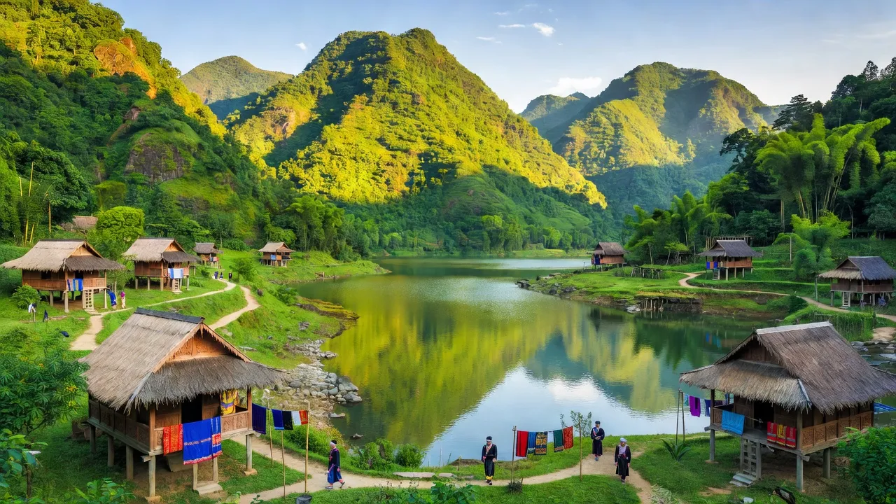 Khung cảnh xã Bình Thanh, huyện Cao Phong, tỉnh Hòa Bình với núi rừng và hồ thủy điện.