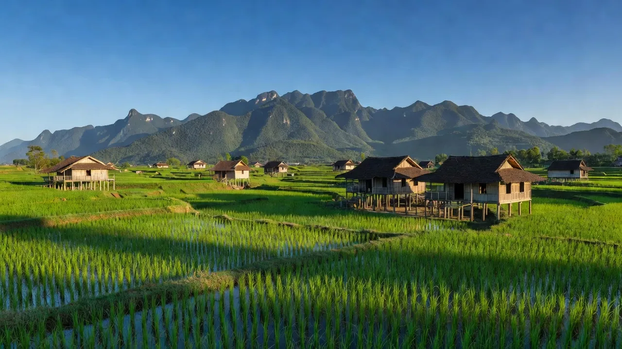 Cảnh quan làng Dũng Phong, huyện Cao Phong, tỉnh Hòa Bình với ruộng bậc thang xanh tươi và núi non.