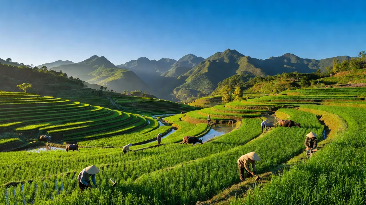 Cảnh quan xã Dũng Phong, huyện Cao Phong, tỉnh Hòa Bình với ruộng bậc thang và đồi núi.