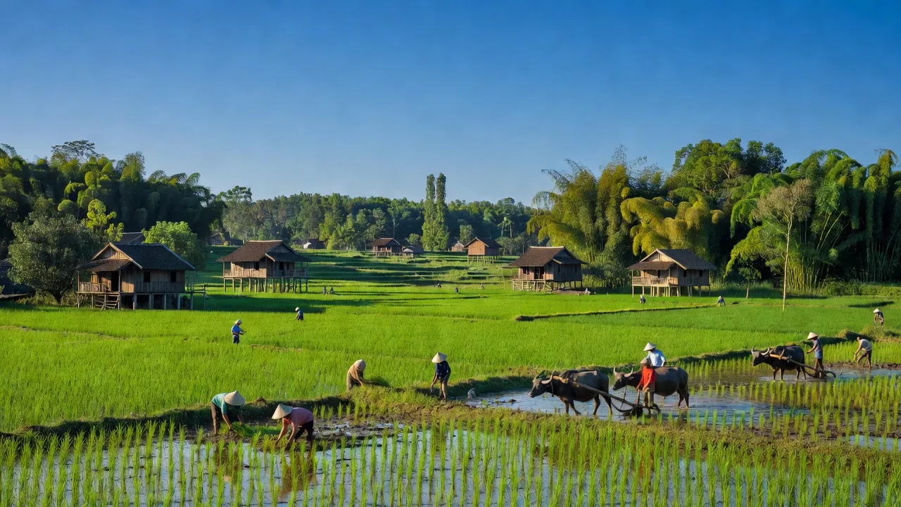 Khung cảnh yên bình ở xã Hợp Phong, huyện Cao Phong, tỉnh Hòa Bình với cánh đồng xanh.