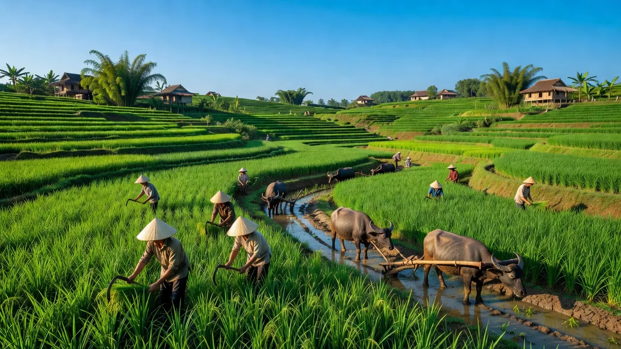 Cảnh đẹp xã Nam Phong, huyện Cao Phong, tỉnh Hòa Bình với ruộng xanh và hoạt động nông nghiệp.