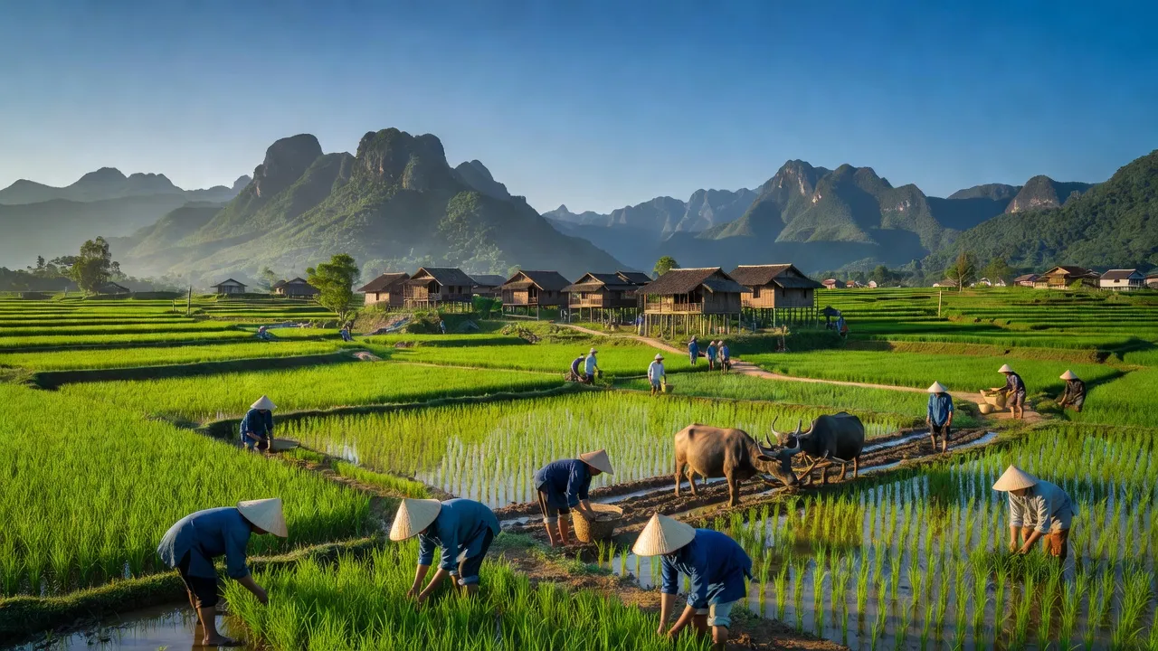 Cảnh đẹp xã Thạch Yên, huyện Cao Phong với đồng xanh và núi non Hòa Bình.