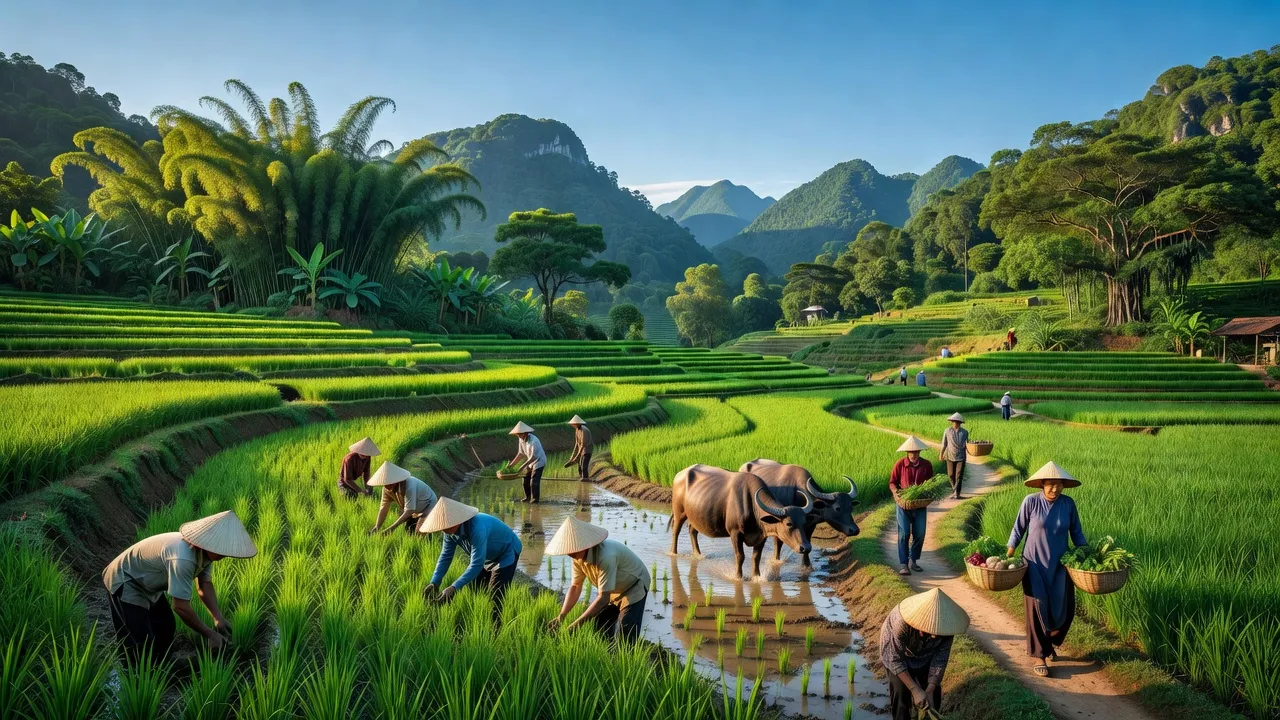 Khung cảnh xã Thạch Yên, huyện Cao Phong, tỉnh Hòa Bình với cánh đồng xanh và núi non hùng vĩ.