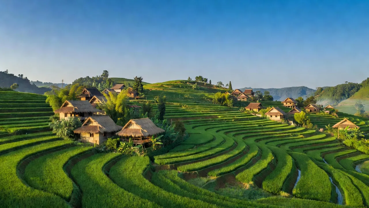Khung cảnh nông thôn yên bình tại xã Thu Phong, huyện Cao Phong, tỉnh Hoà Bình với cánh đồng và đồi núi.