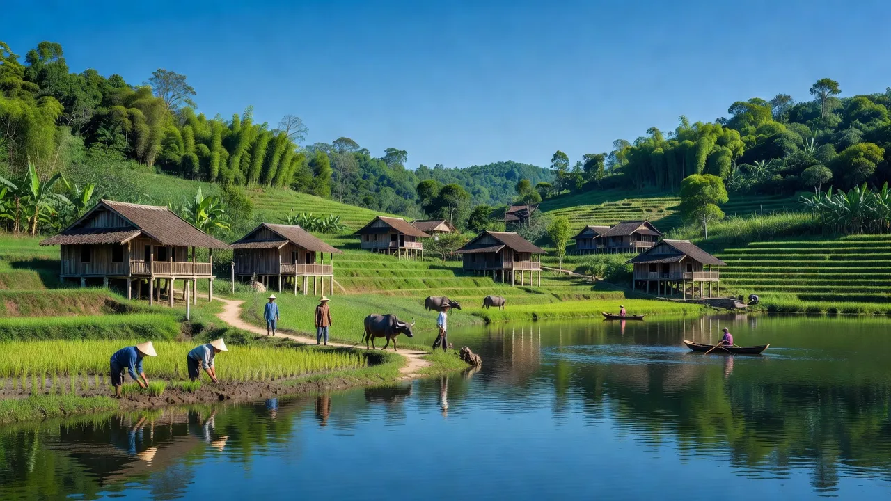 Khung cảnh yên bình Thung Nai, Hòa Bình với thiên nhiên tươi đẹp và cuộc sống nông thôn.