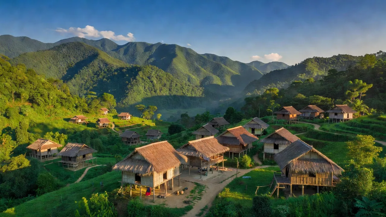 Khung cảnh huyện Đà Bắc, Hòa Bình với núi xanh và làng dân tộc truyền thống, văn hóa phong phú.
