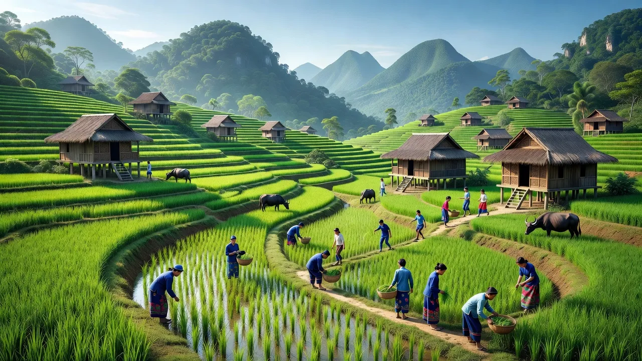 Bức tranh xanh tươi của xã Cao Sơn, Đà Bắc, Hòa Bình với cánh đồng bậc thang và nhà truyền thống.