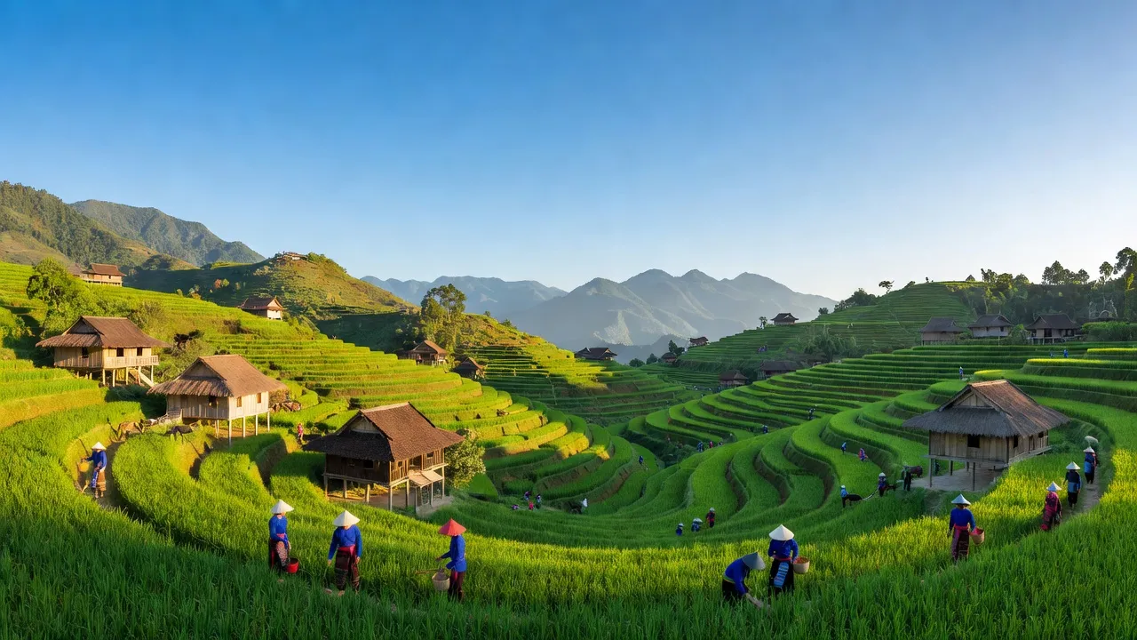 Cảnh quan núi non xã Cao Sơn, huyện Đà Bắc, tỉnh Hòa Bình với ruộng bậc thang xanh mướt.