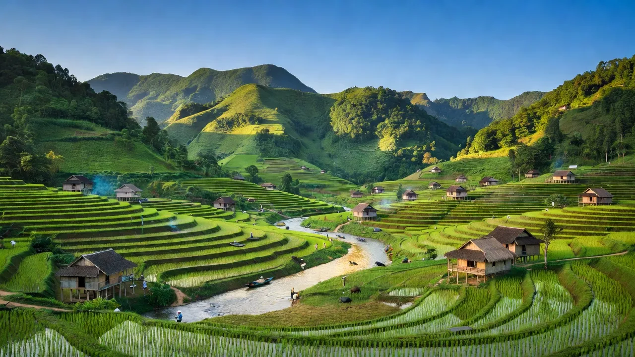 Phong cảnh xã Đoàn Kết, huyện Đà Bắc, tỉnh Hòa Bình với núi non và ruộng bậc thang.