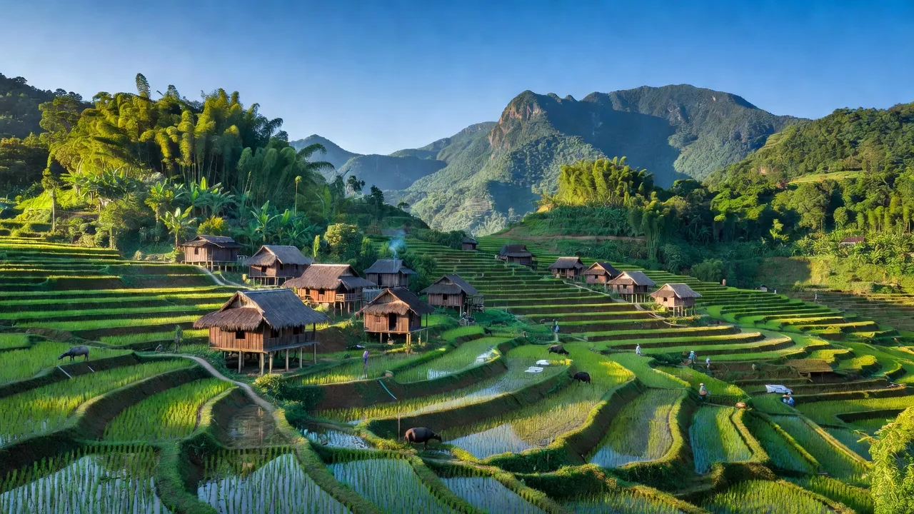 Cảnh đẹp xã Đồng Chum, huyện Đà Bắc, tỉnh Hòa Bình với ruộng bậc thang và núi xanh.