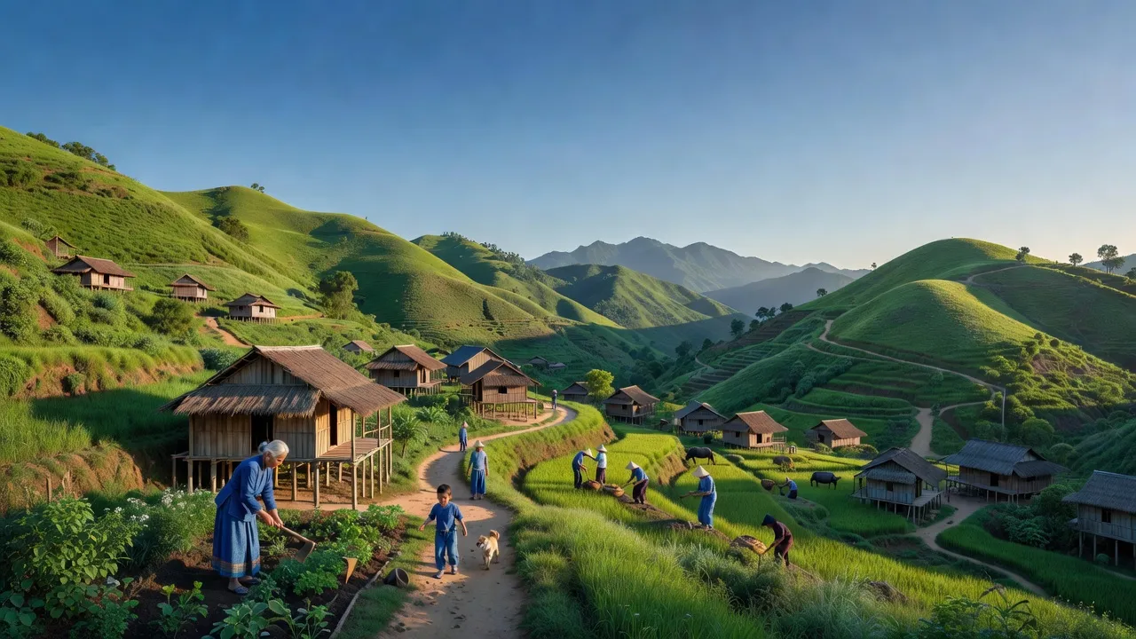 Cảnh đẹp Xã Đồng Chum huyện Đà Bắc, với núi non, xóm làng và bầu trời xanh.