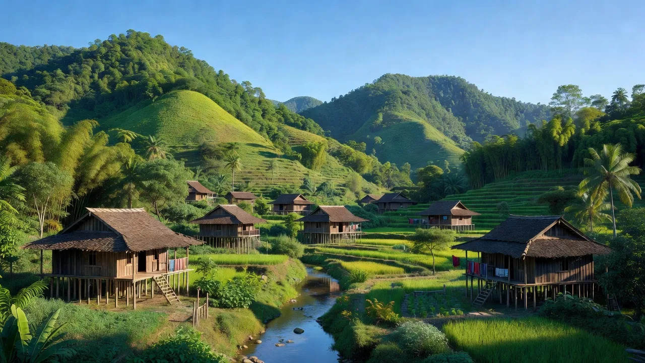Khung cảnh xã Giáp Đắt huyện Đà Bắc, Hòa Bình với núi non xanh tươi và nhà sàn truyền thống.