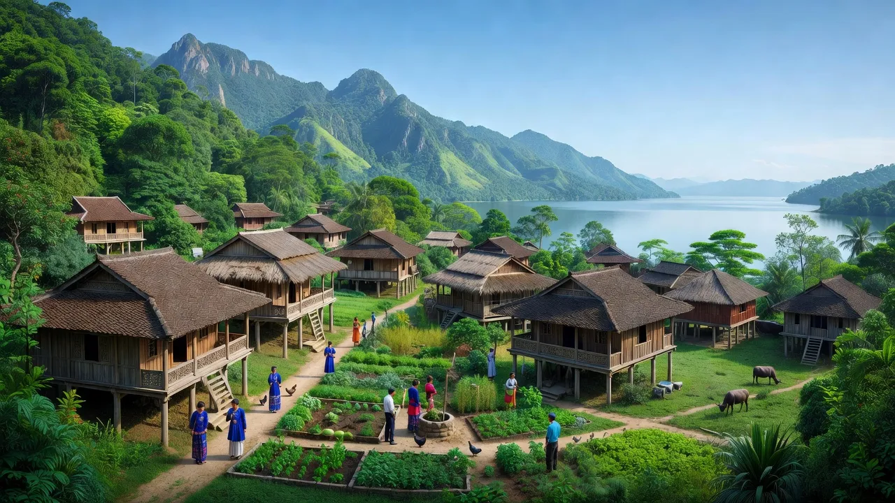 Cảnh quan xã Hiền Lương, huyện Đà Bắc, tỉnh Hòa Bình với núi non và nhà sàn truyền thống.