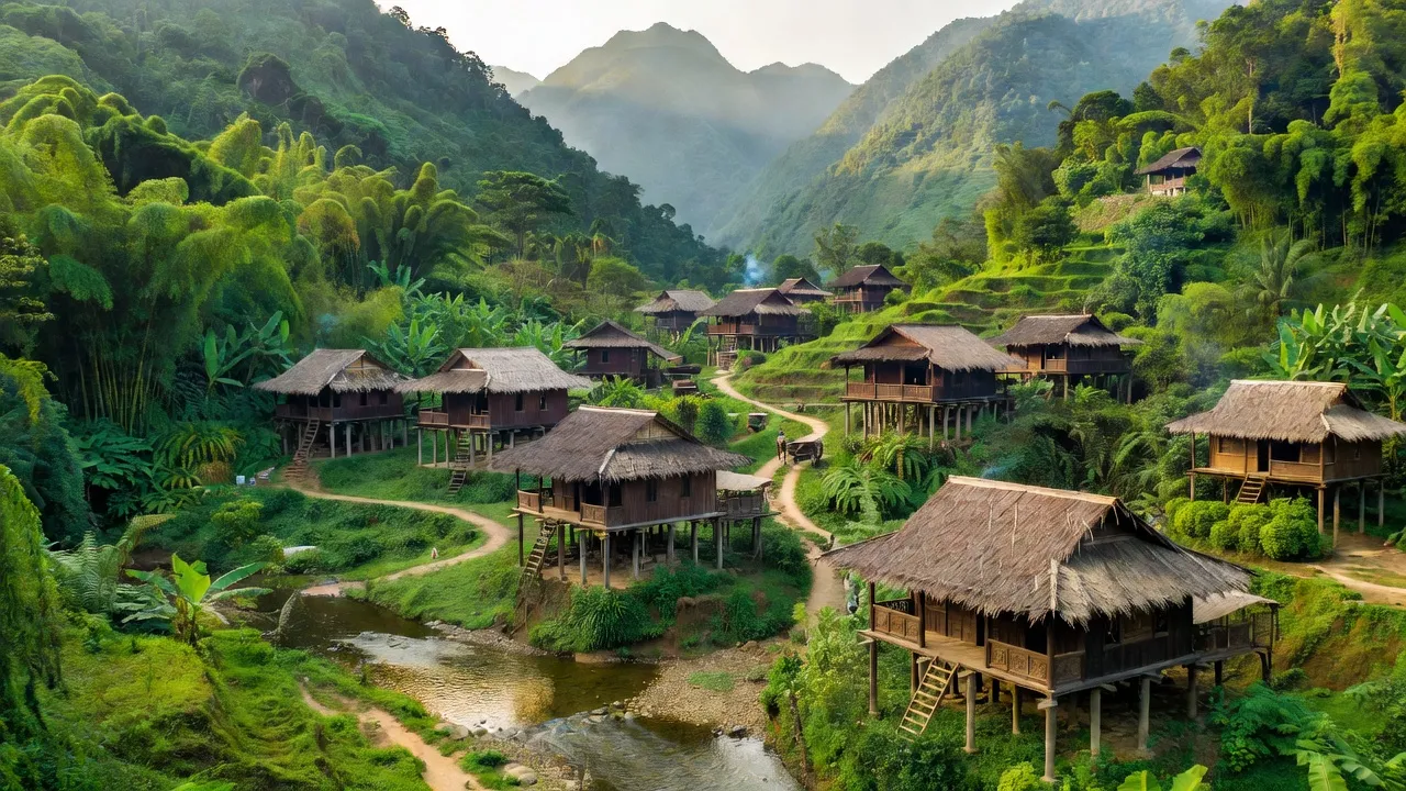 Khung cảnh xã Mường Chiềng, Đà Bắc, Hòa Bình với núi xanh và nhà truyền thống, văn hóa đa dạng.