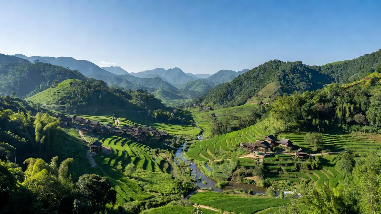 Khung cảnh đẹp của xã Nánh Nghê, huyện Đà Bắc, tỉnh Hòa Bình với núi đồi xanh mướt.