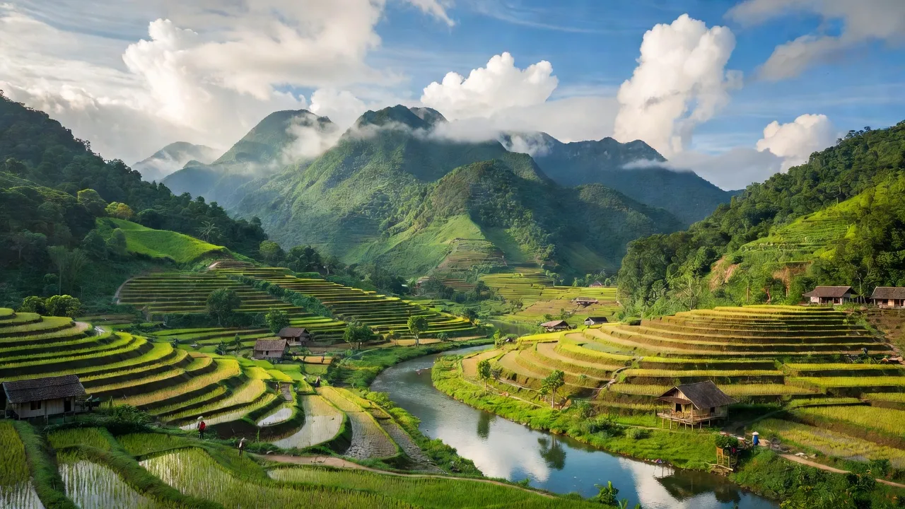Khung cảnh Tân Minh, Đà Bắc, Hòa Bình với núi xanh, cánh đồng bậc thang và sông bình yên.