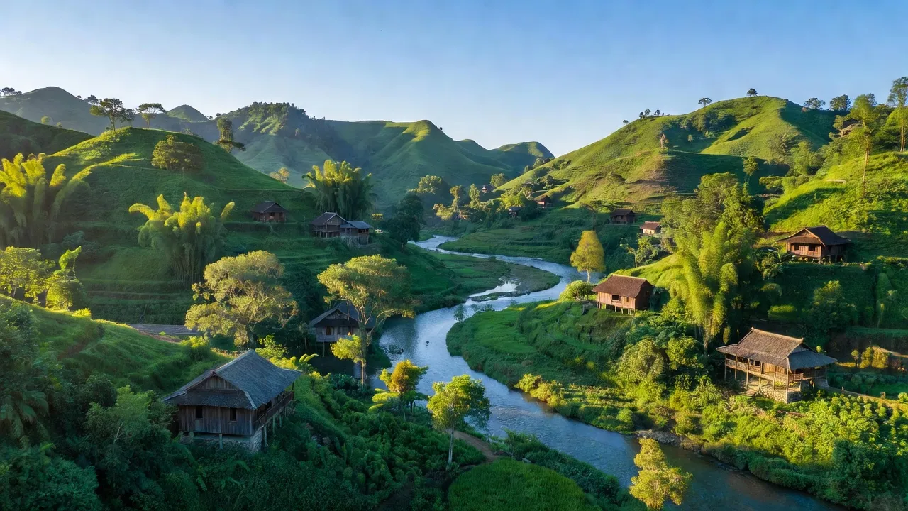 Toàn cảnh xã Tân Pheo, huyện Đà Bắc, Hòa Bình với đồi núi xanh tươi và dòng suối uốn lượn.