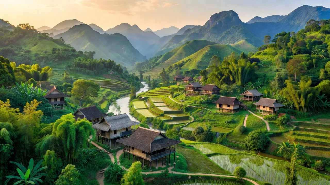 Cảnh đẹp xã Tiền Phong huyện Đà Bắc tỉnh Hòa Bình với địa hình núi non và cây cối xanh tốt.