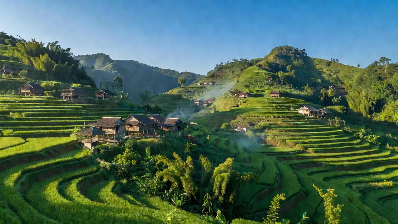 Cảnh quan yên bình của xã Toàn Sơn, huyện Đà Bắc, tỉnh Hòa Bình, với đồi núi và ruộng bậc thang.