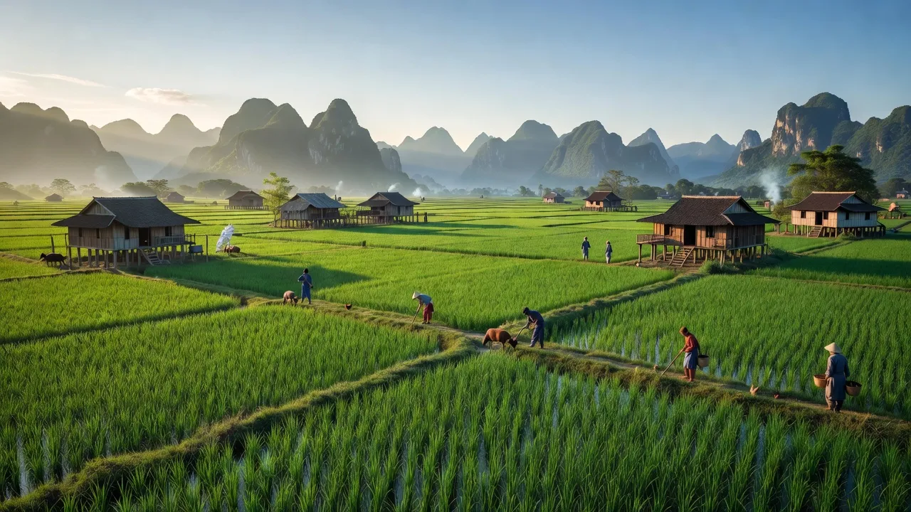 Cảnh quan xã Trung Thành, huyện Đà Bắc, tỉnh Hòa Bình với cánh đồng và văn hóa miền núi.